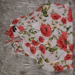 White and Red Floral Print Crop Top - Large